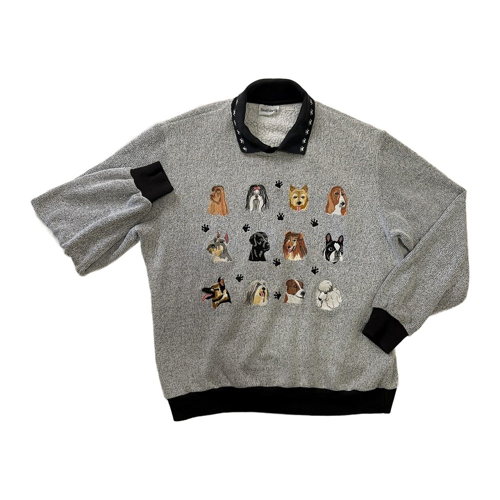 VTG Bonworth Womens Grey Embroidered Dog Breed Collared Pullover Sweatshirt L